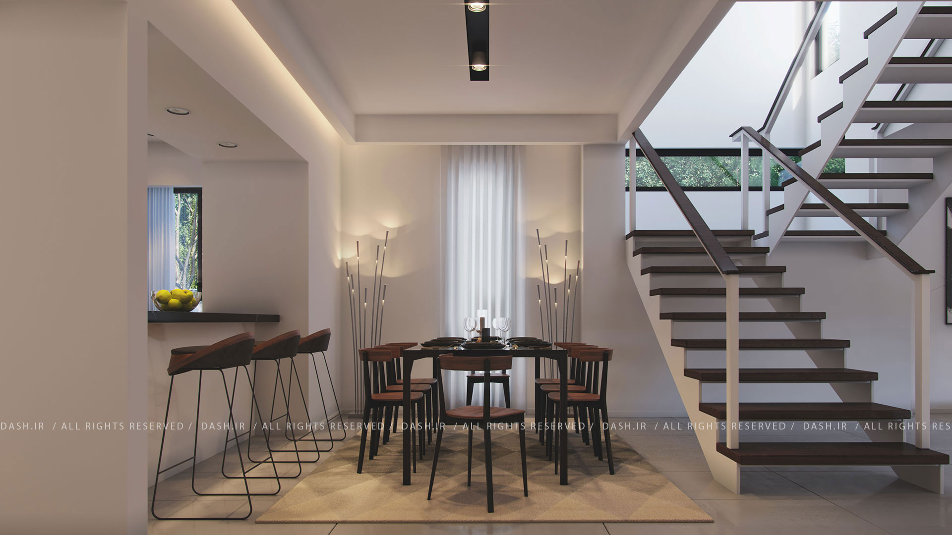 ناهارخوری مدرن با میز چوبی، صندلیهای مینیمال و پلههای معلق سفید و چوبی