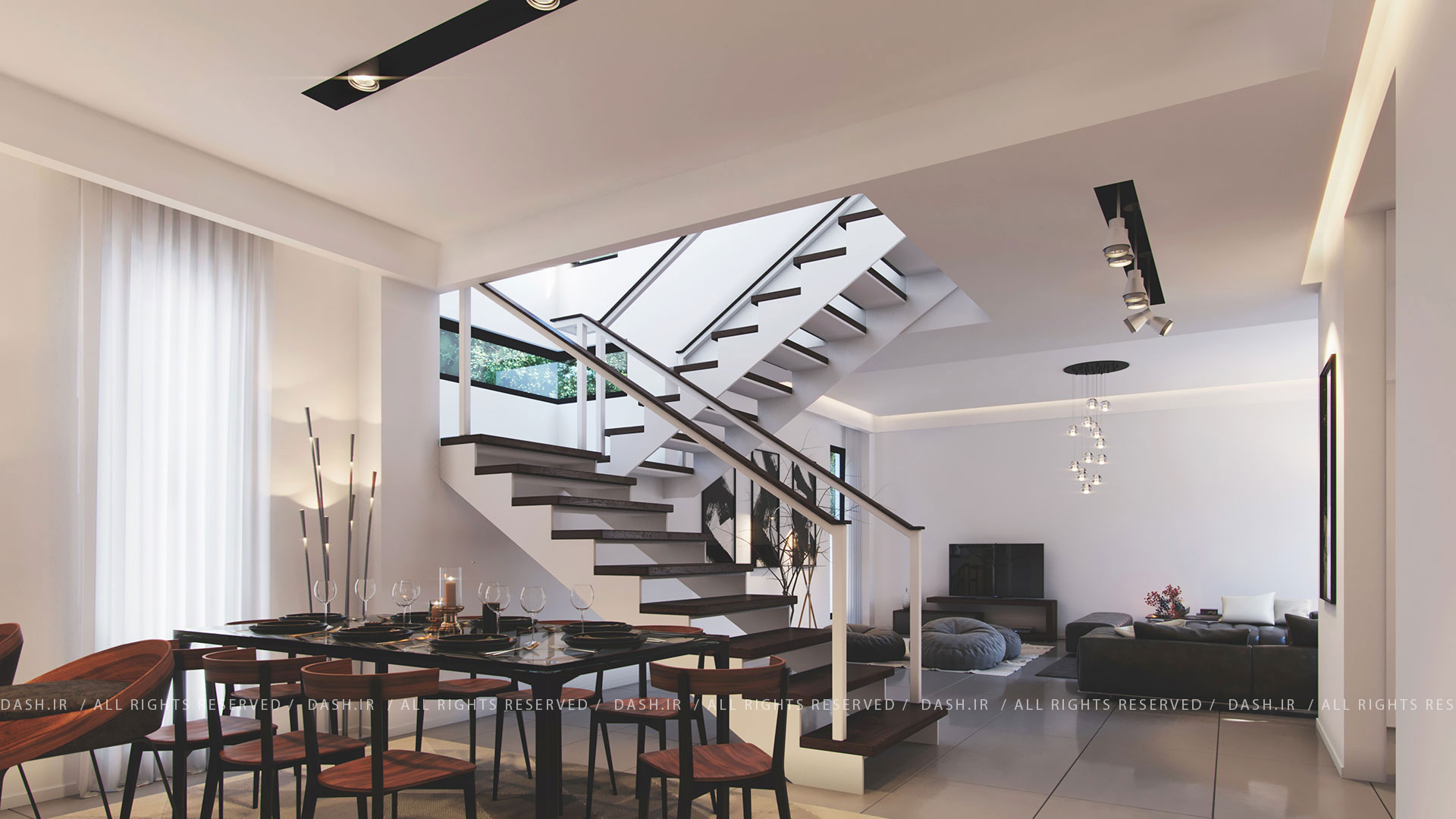 پلکان معلق مدرن، میز ناهارخوری چوبی، پنجره قدی و نورپردازی سقفی