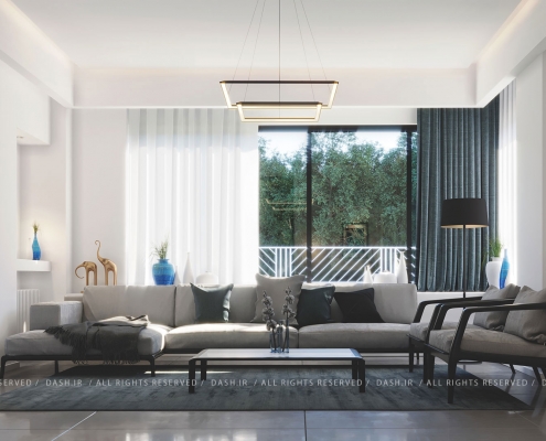 نشیمن مدرن با مبلهای روشن، میز مرکزی، پنجره بزرگ و پردههای بلند.