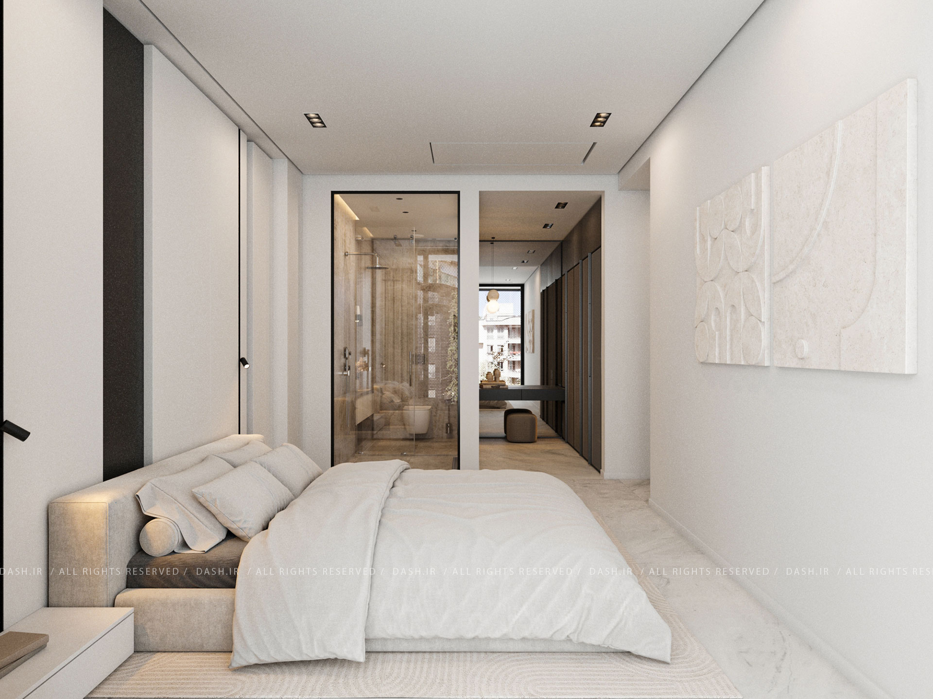 اتاقخواب مدرن و مینیمال با تخت کرمی، پارتیشن شیشهای و راهروی روشن به سمت فضای کلازت روم.