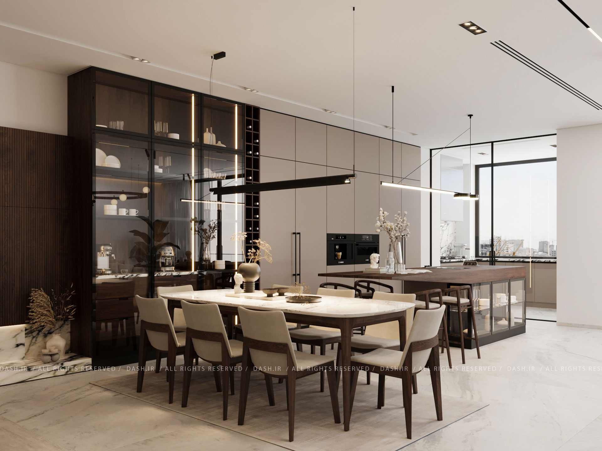 فضای ناهارخوری مدرن با میز چوبی و جزیره شیشهای آشپزخانه.