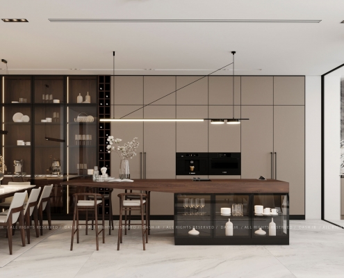 آشپزخانه مدرن با کابینت مینیمال و پالت رنگی بژ و رنگ چوب تیره ، جزیره چوبی و ویترین شیشه‌ای.