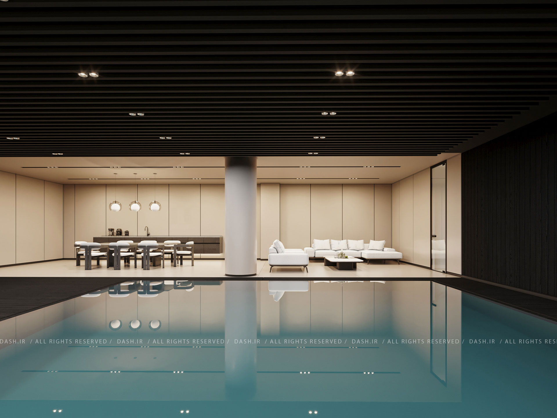 فضای استخر سرپوشیده با سقف مشکی خطی، مبلمان روشن و میز غذاخوری مدرن در کنار آب