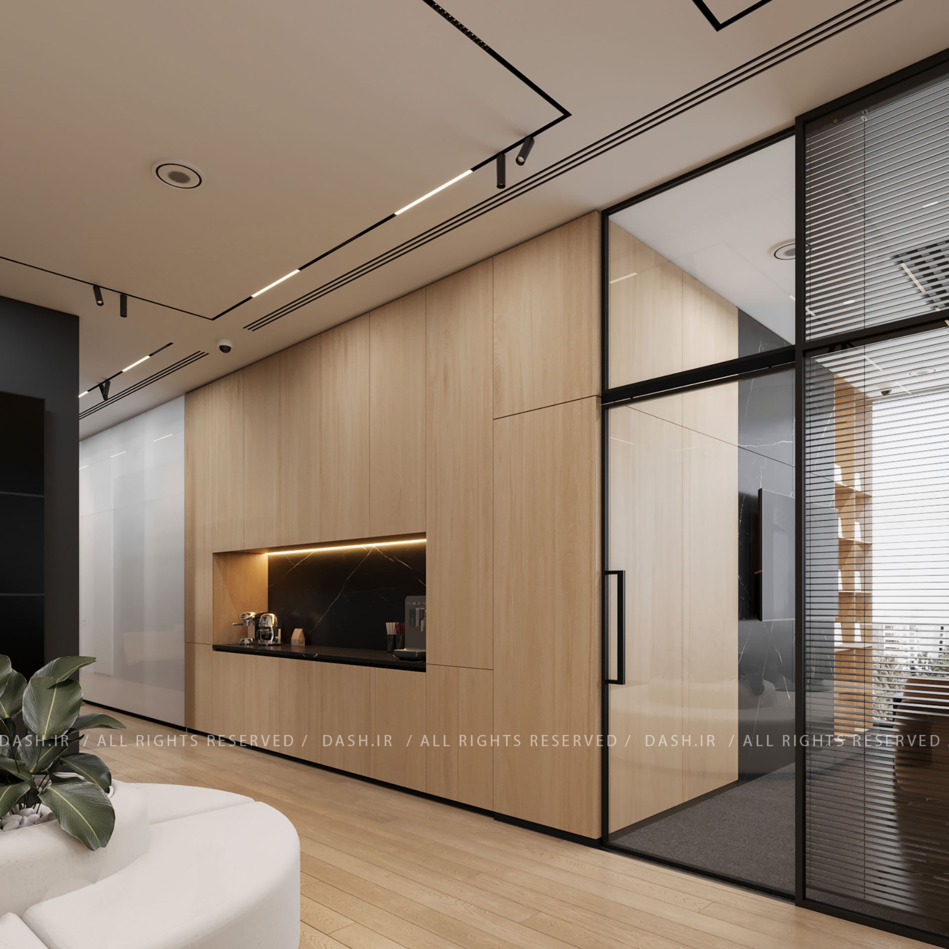 سرویسپنتری اداری با کابینتهای چوبی تمامقد، نوار نوری گرم و تجهیزات قهوهساز.