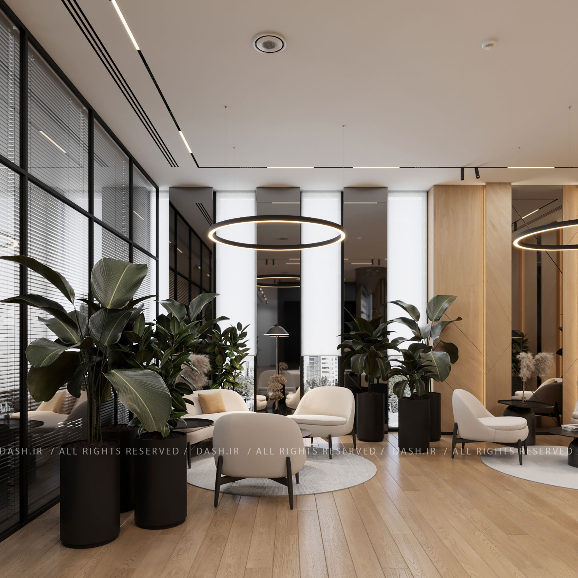 لابی مدرن با صندلیهای روشن، رینگلایت سقفی و گلدانهای بزرگ گیاهان سبز.