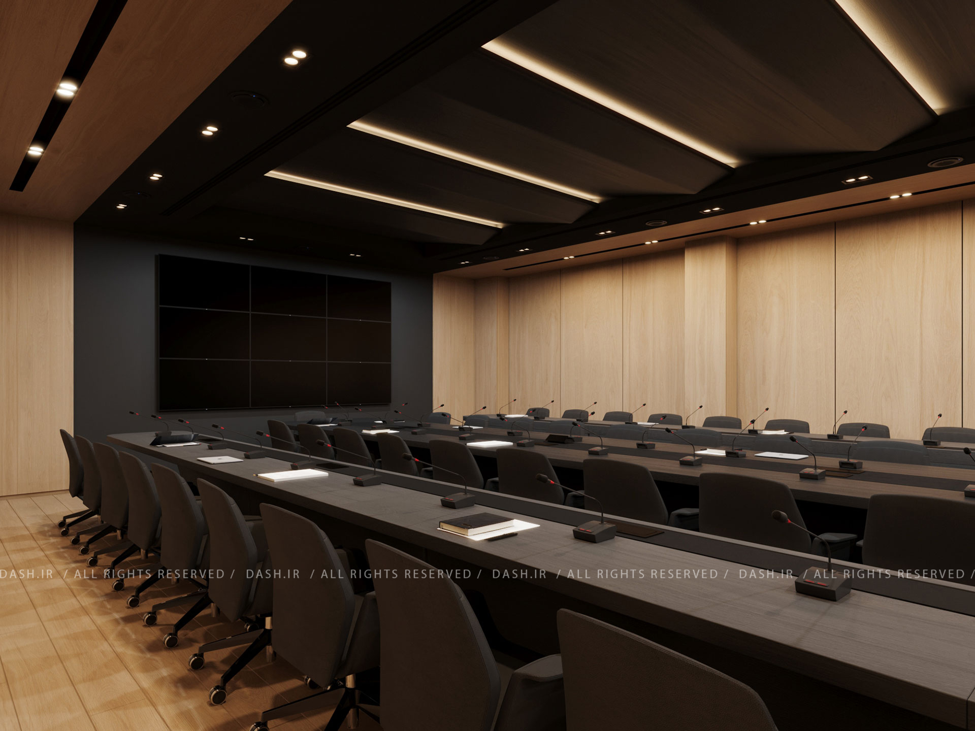 سالن جلسه مدرن با میزهای بلند، صندلیهای اداری و دیوارهای چوبی روشن.