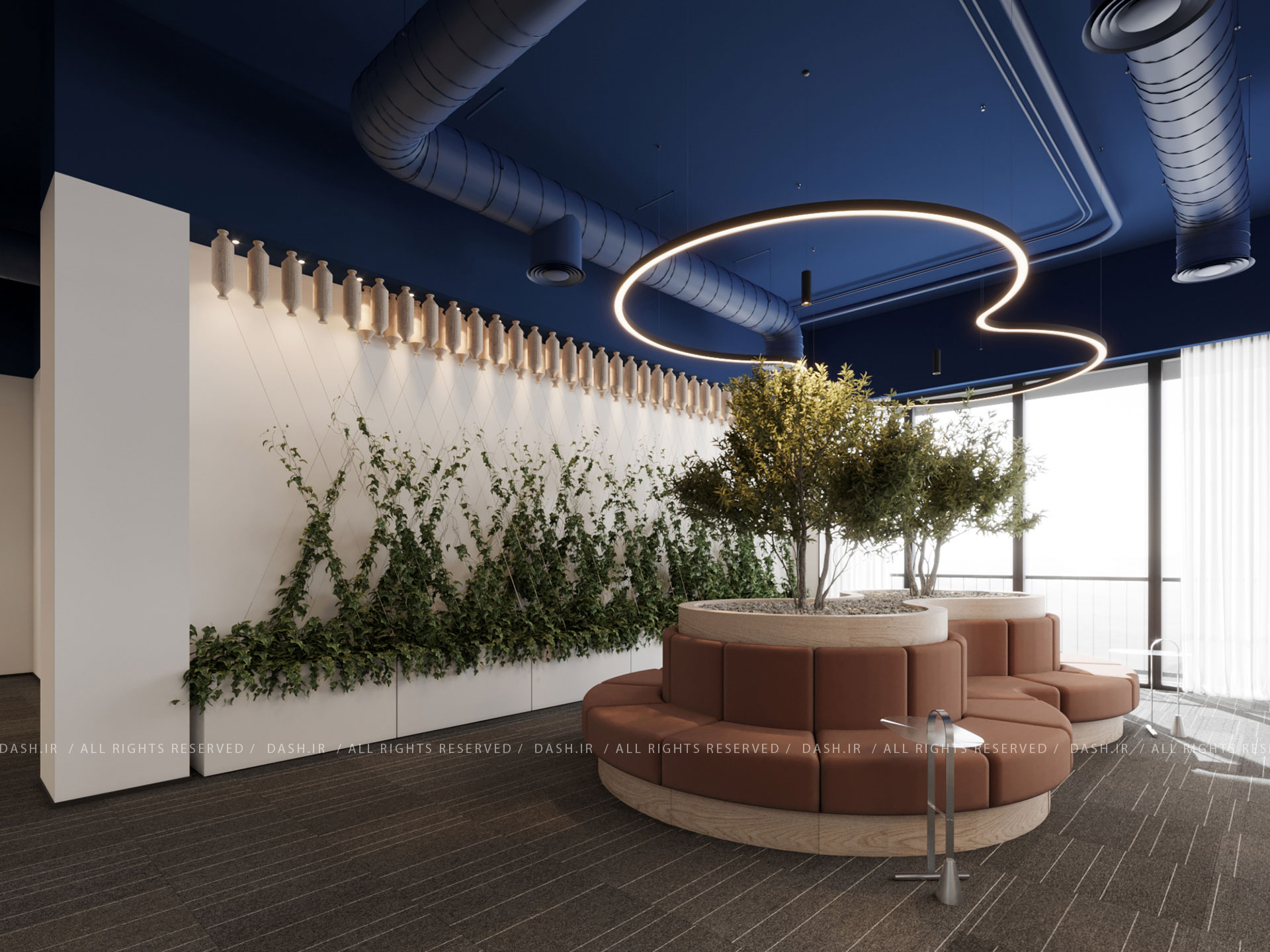 فضای نشیمن دایرهای با درختان داخلی، سقف آبی و دیوار سبز در دفتر اداری مدرن طراحی اداری مدرن