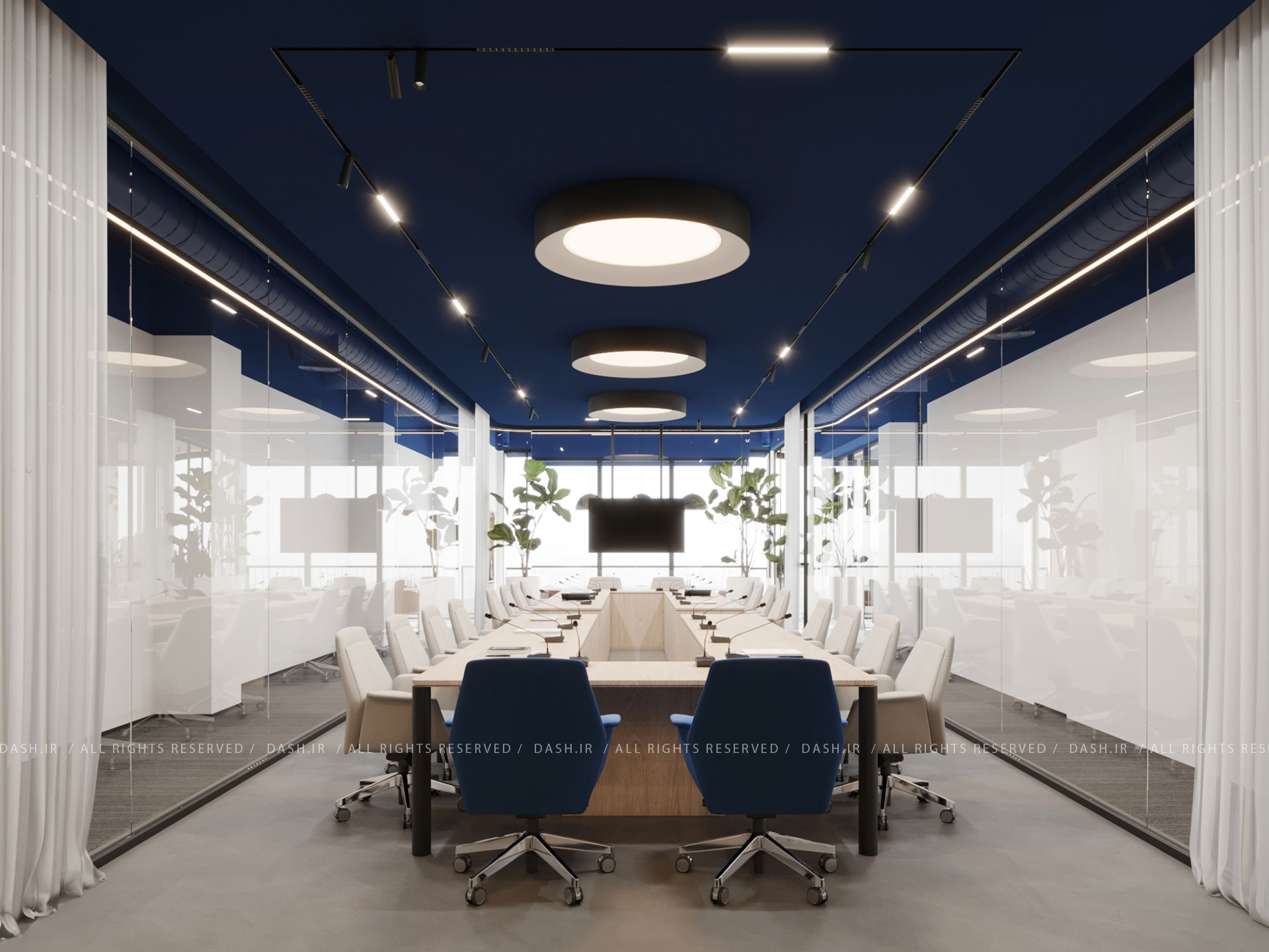 اتاق کنفرانس با میز طولی، صندلیهای مدیریتی و سقف سورمهای با نور خطی دکوراسیون اداری