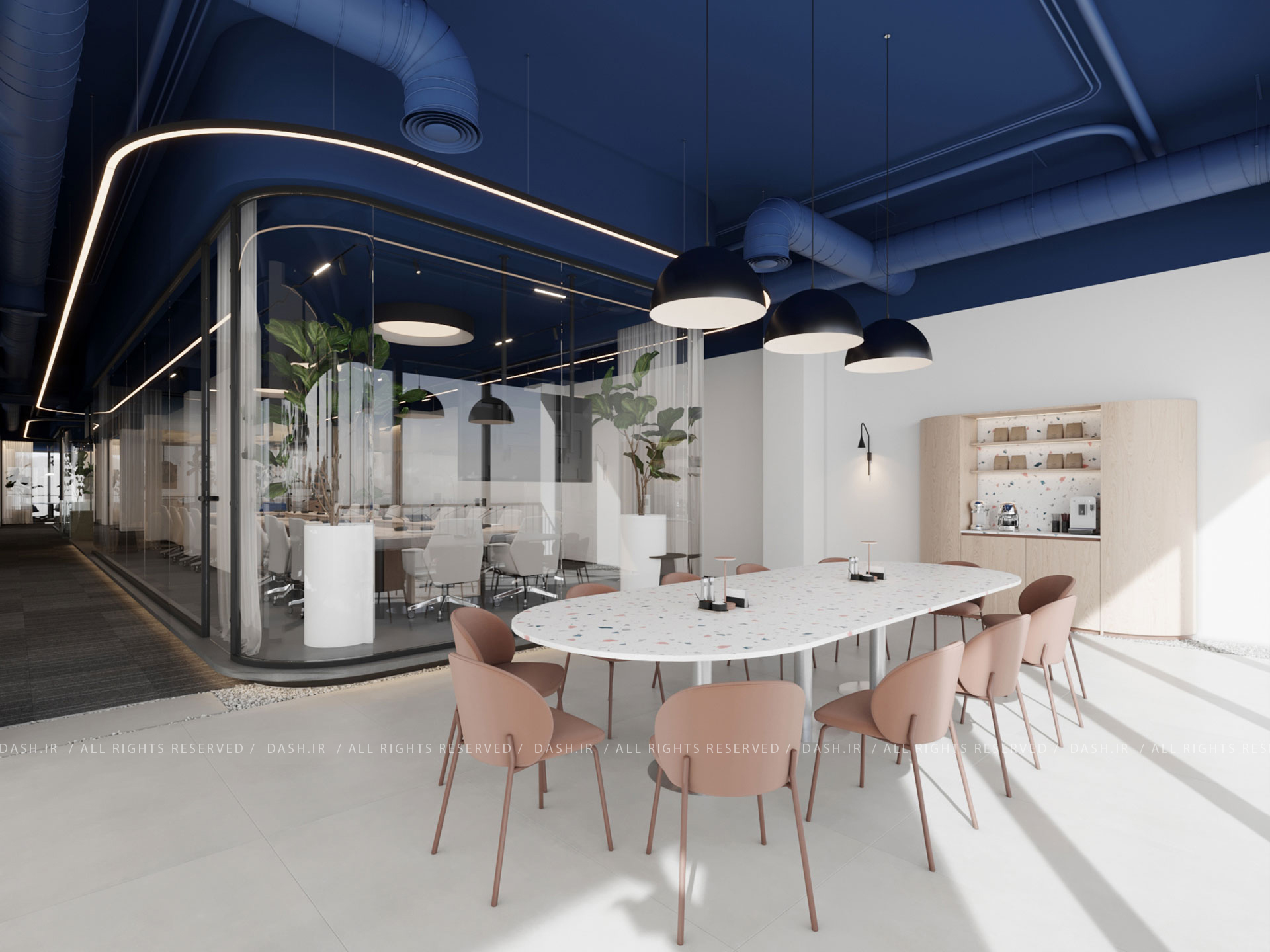 سالن غذاخوری مدرن با میز بزرگ سفید و سقف آبی