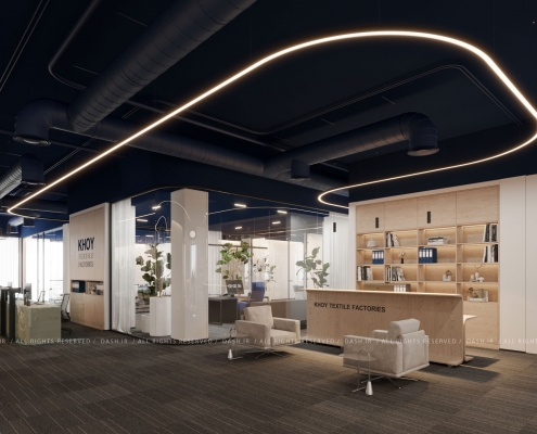 لابی اداری مدرن با نور خطی سقفی، میز پذیرش چوبی، پارتیشن شیشه‌ای و صندلی‌های روشن.