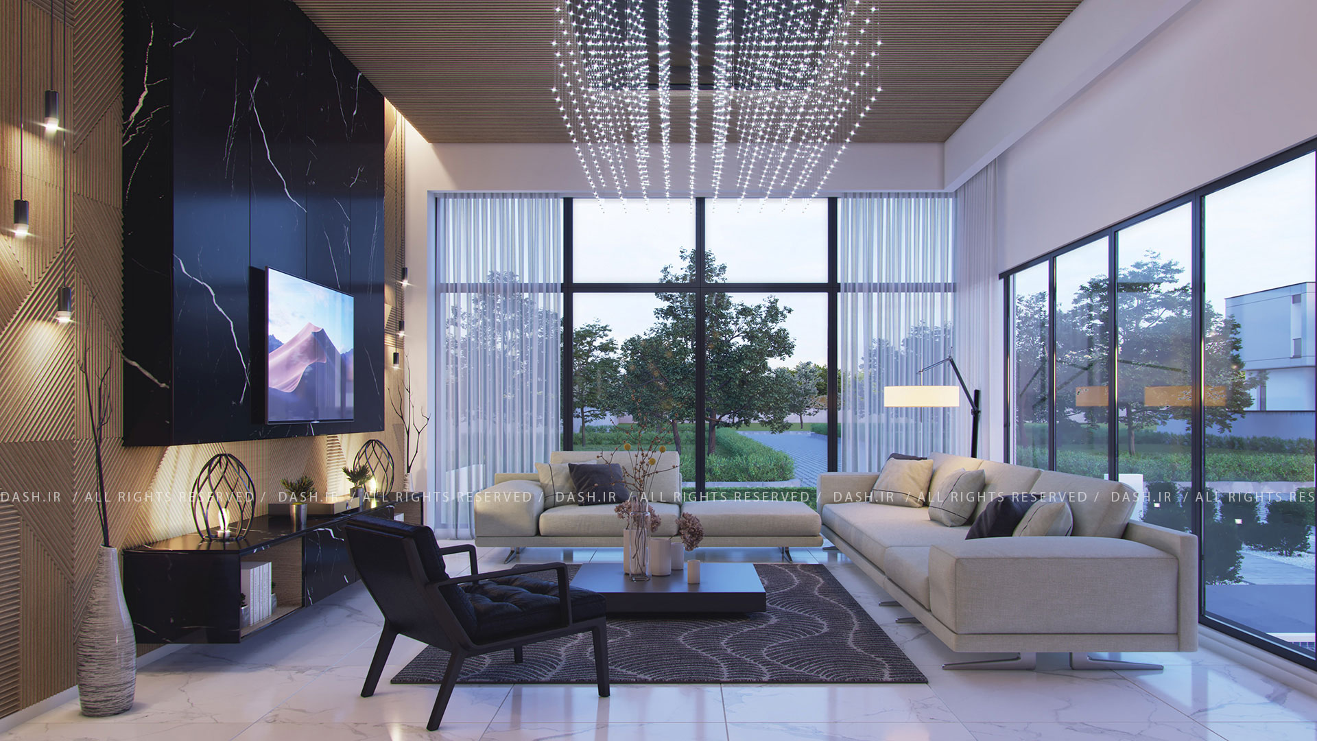 فضای نشیمن دوبلکس با پنجره قدی، مبلمان روشن، دیوار تلویزیون و نور طبیعی