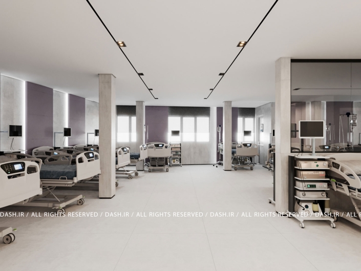 مرکز دیالیز رودسر سالن بستری بیمارستان با چیدمان منظم تختها و دیوارهای یاسی روشن.