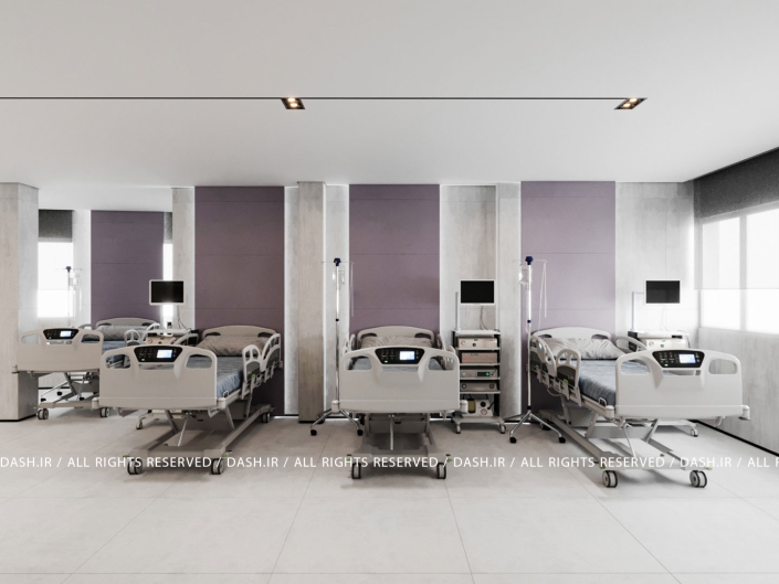 مرکز دیالیز رودسر اتاق بستری بیمارستان با چهار تخت مدرن و پنلهای دیواری ملایم.
