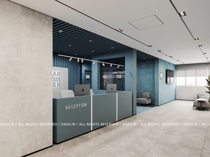 مرکز دیالیز رودسر کانتر ریسپشن آبی و خاکستری در فضای درمانی با سقف خطی تیره.