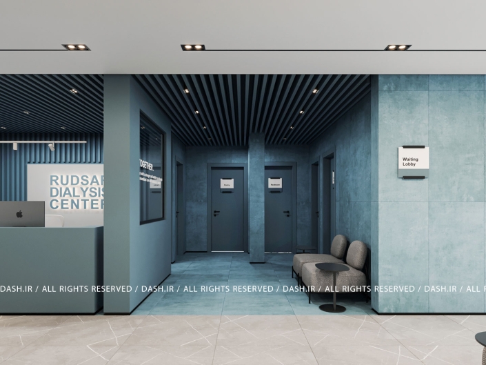 مرکز دیالیز رودسر ورودی مرکز دیالیز با دیوارهای آبی، صندلیهای انتظار و سقف خطی روشن.