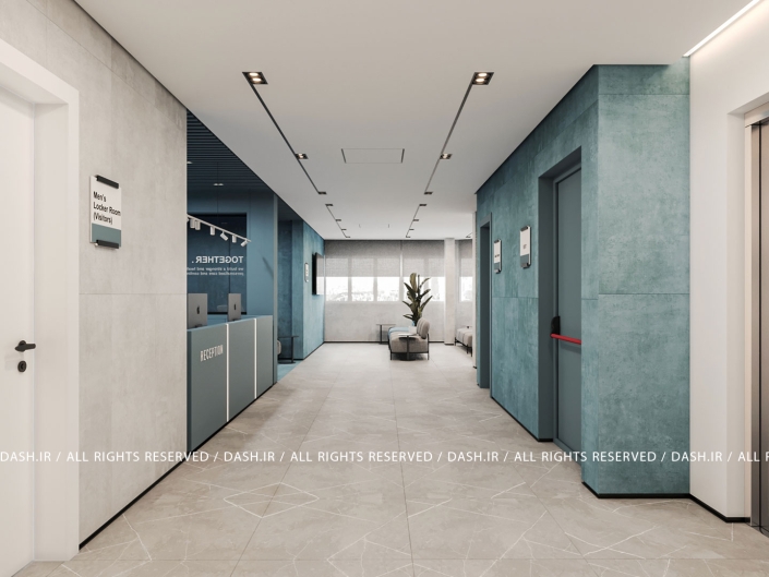مرکز دیالیز رودسر راهروی مدرن درمانی با دیوارهای آبی و خاکستری و نورپردازی خطی.