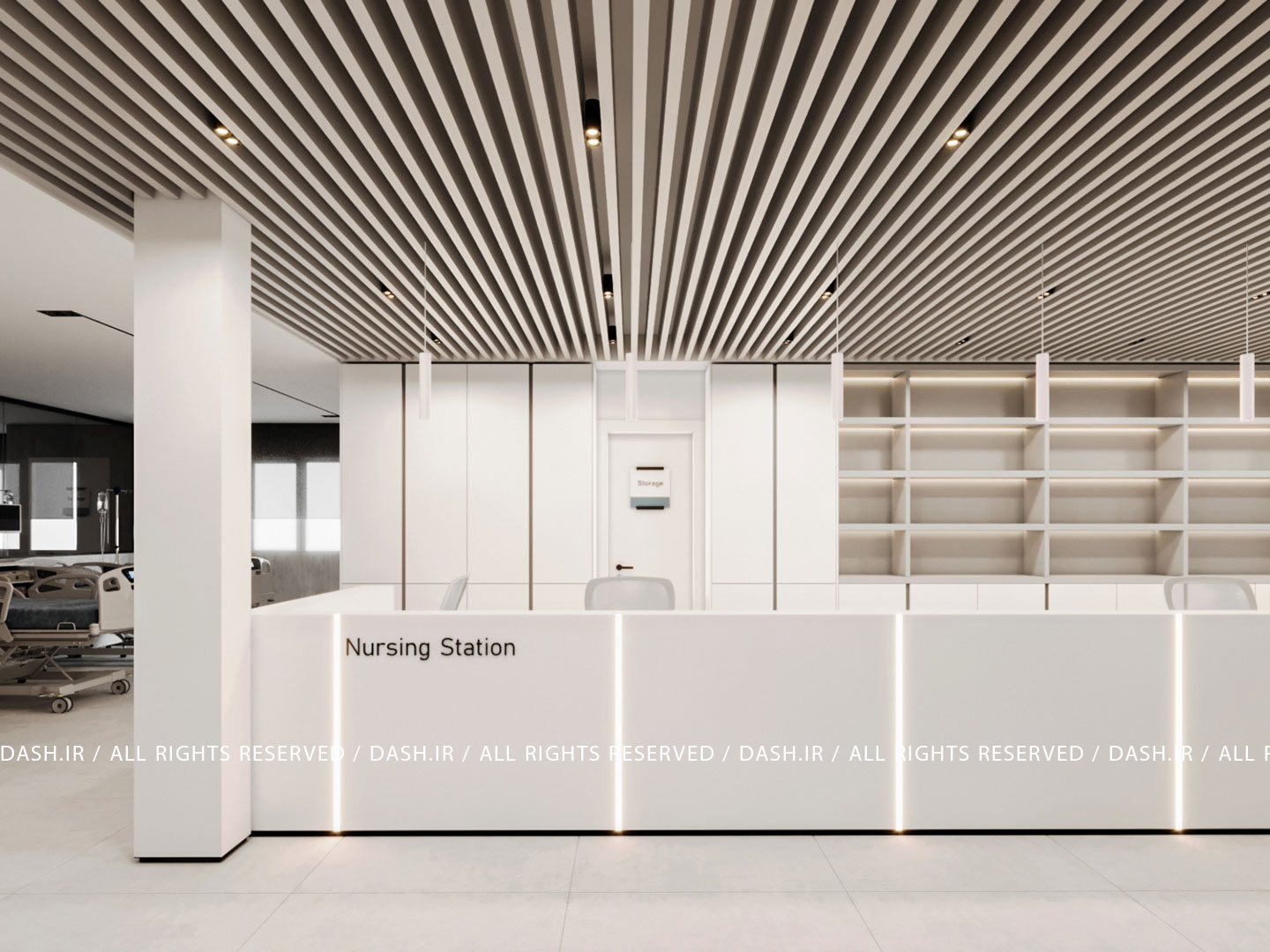 مرکز دیالیز رودسر نرسینگ استیشن سفید و مینیمال با قفسههای منظم و نورپردازی خطی.