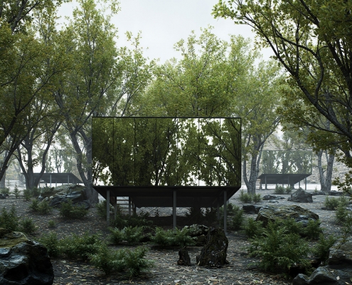 کلبه چوبی مدرن روی پایهها در میان جنگل با نمای شیشهای و آینه ای.