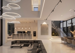 فضای نشیمن دوبلکس با مبلمان خاکستری و نورپردازی مدرن