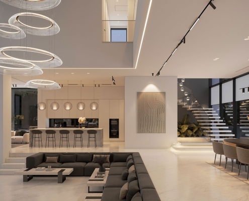 فضای نشیمن دوبلکس با مبلمان خاکستری و نورپردازی مدرن