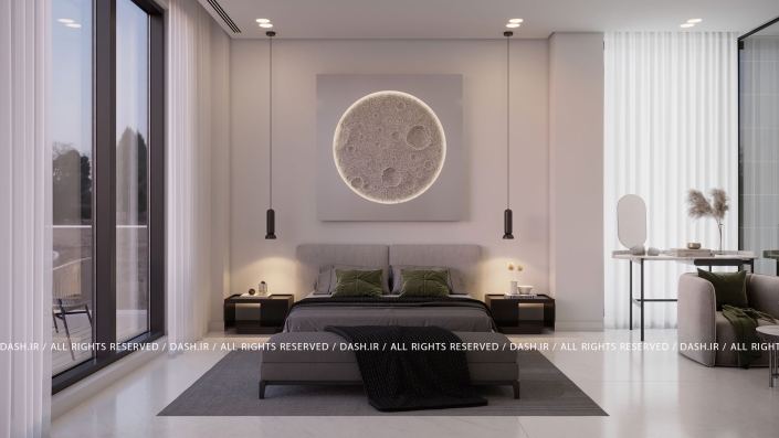 اتاق خواب ویلا رویان اتاقخواب مدرن با تخت طوسی، قاب نورانی گرد و پنجرههای قدی رو به فضای بیرون.