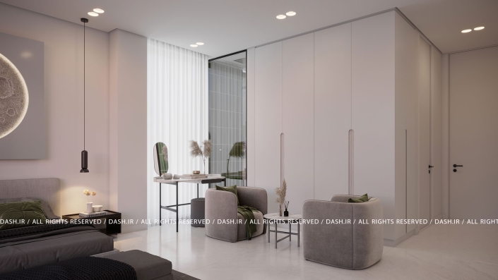 اتاق خواب ویلا رویان اتاقخواب مدرن با صندلیهای طوسی، میز کار مینیمال و کمدهای سفید یکدست.