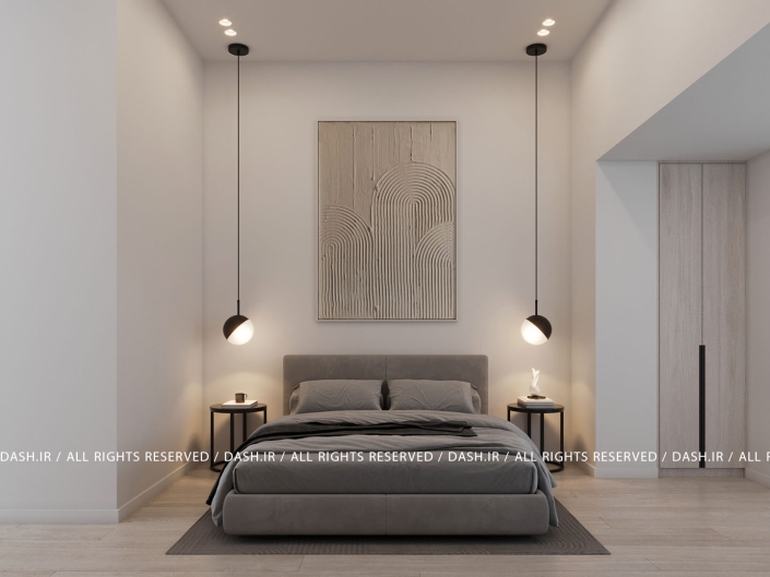 اتاق خواب ویلا رویان اتاقخواب مینیمال با تخت طوسی، آویزهای مدرن و تابلو خطی بالای تخت.