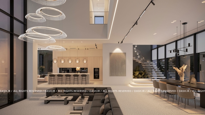 آشپزخانه و سالن ویلا رویان نشیمن دوبلکس مدرن با لوسترهای حلقهای و آشپزخانه مینیمال.