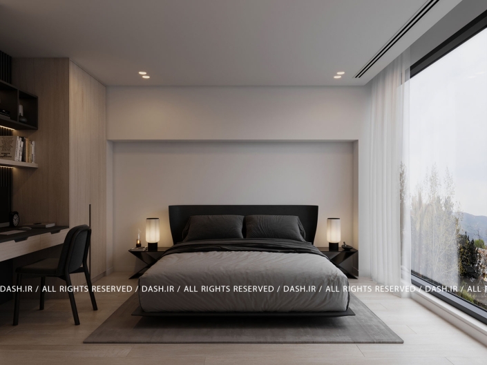 اتاق خواب ویلا رویان اتاقخواب مینیمال با تخت طوسی، پنجره قدی و میزکار چوبی.