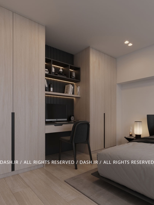 اتاق خواب ویلا رویان اتاقخواب با میزکار توکار و کمدهای چوبی روشن.