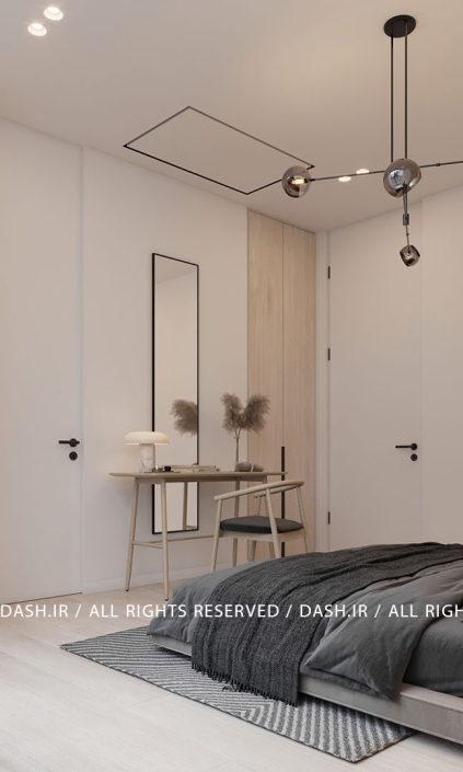 اتاق خواب ویلا رویان اتاقخواب مینیمال با تخت خاکستری، میز آرایش روشن و آینه قدی.