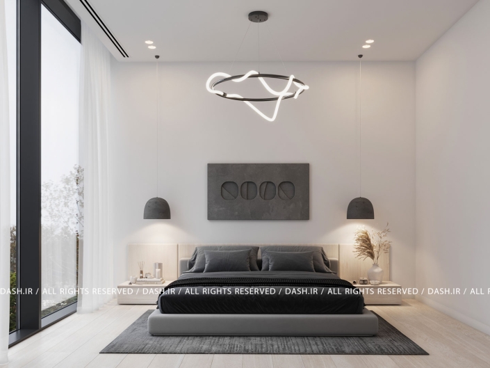 اتاق خواب ویلا رویان اتاقخواب مینیمال با تخت طوسی، لوستر مدرن و نورپردازی معلق.