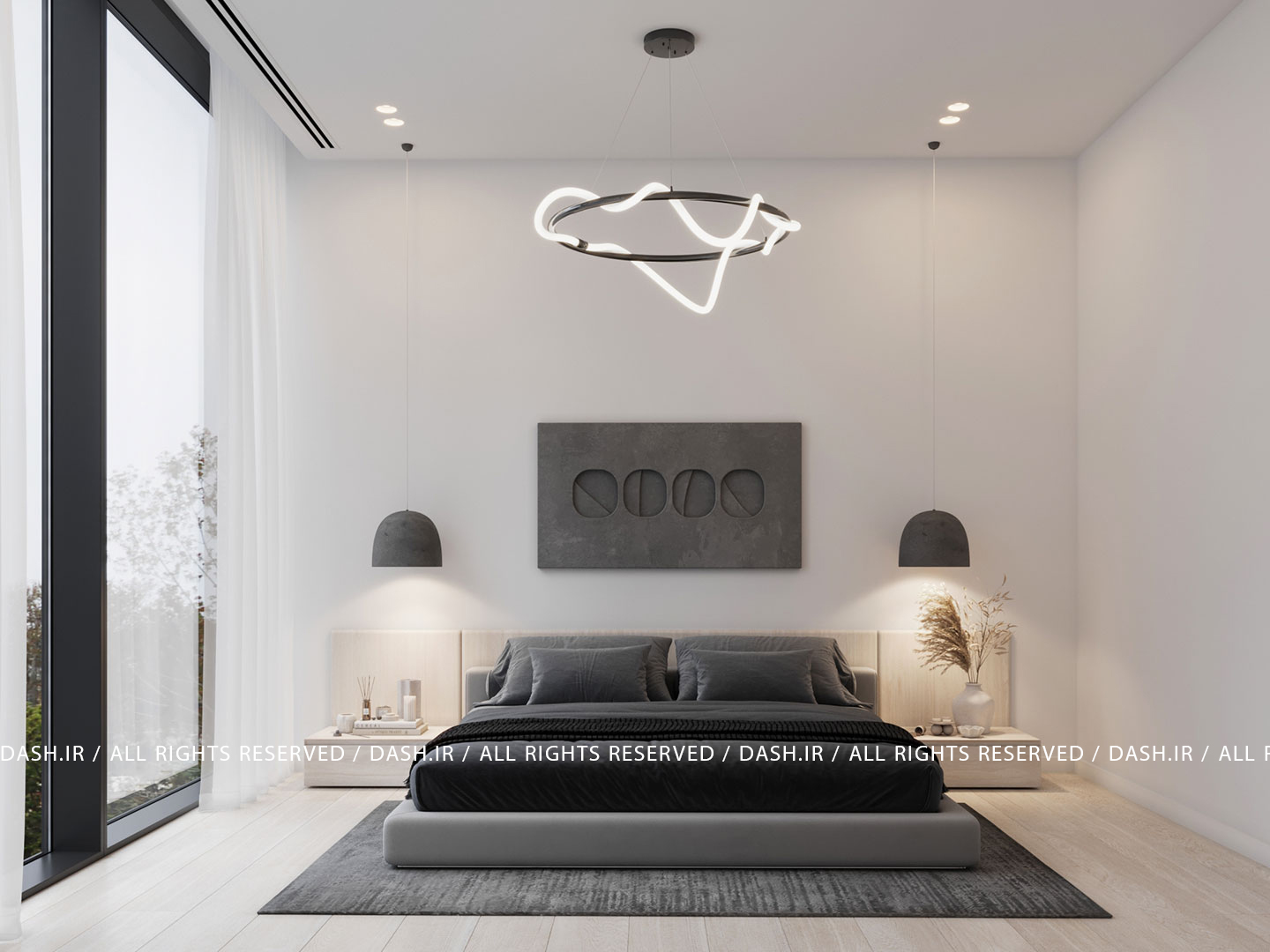 اتاقخواب مینیمال با تخت طوسی، لوستر مدرن و نورپردازی معلق.