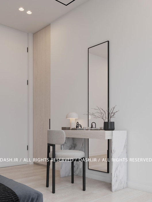 اتاق خواب ویلا رویان میز آرایش مینیمال با سنگ مرمر سفید و آینه قدی در اتاق روشن.