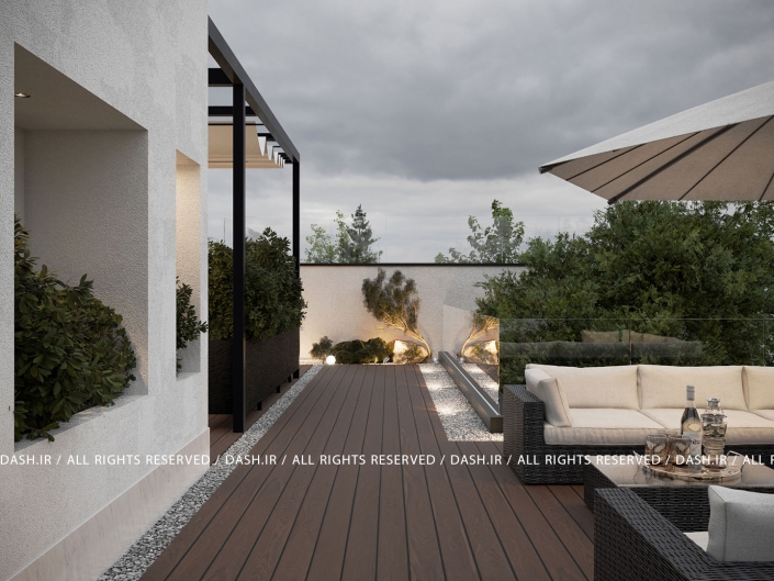 روف گاردن ویلا رویان مسیر چوبی روفگاردن با نورپردازی خطی و مبلمان فضای باز.