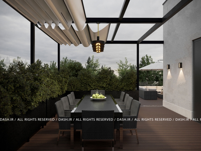 روف گاردن ویلا رویان میز ناهارخوری زیر پرگولای فلزی با سایهبان و گیاهان انبوه در روفگاردن.