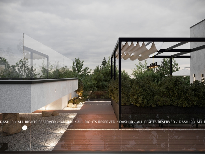 روف گاردن ویلا رویان مسیر چوبی نورپردازیشده کنار پرگولای فلزی و دیوار شیشهای در روفگاردن.