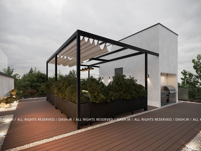 روف گاردن ویلا رویان پرگولای فلزی با سایهبان پارچهای و بوتههای سبز در روفگاردن کنار فضای باربیکیو.