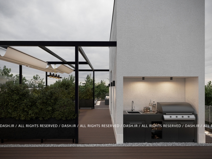 روف گاردن ویلا رویان باربیکیو و سینک در فرو رفتگی دیوار سفید روفگاردن با مسیر چوبی و سازه فلزی مشکی.