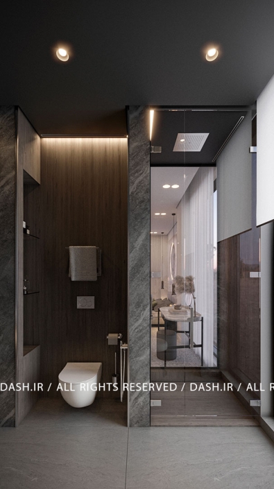 سرویس بهداشتی ویلا رویان سرویس بهداشتی مدرن با دیوار چوبی، شاور شیشهای و نورپردازی خطی.