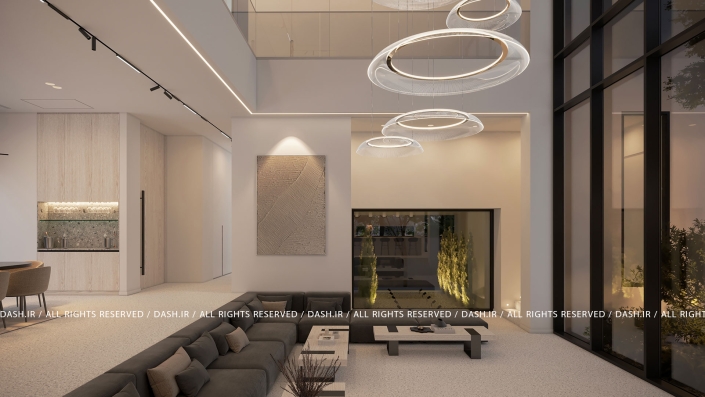 سالن ویلا رویان نشیمن دوبلکس مدرن با پنجرههای قدی، لوسترهای حلقهای و مبلمان طوسی.