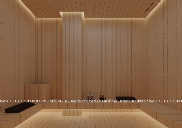 سونا بخار ویلا رویان سونا چوبی با نورپردازی خطی مخفی