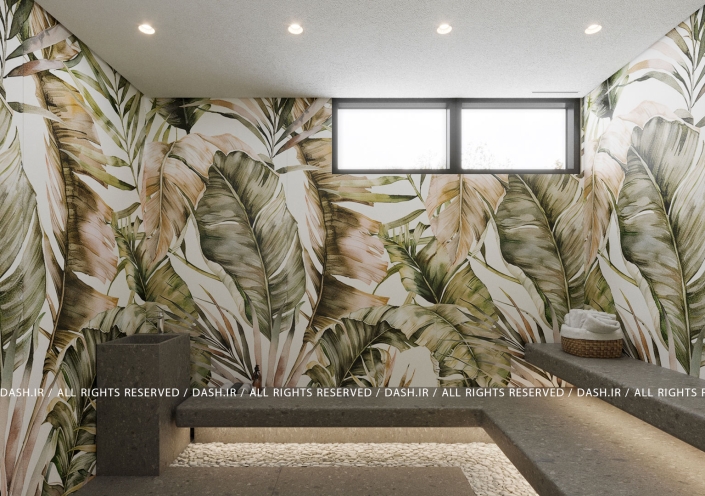 سونا بخار ویلا رویان سونا بخار با دیوارپوش برگهای استوایی و نورپردازی مخفی