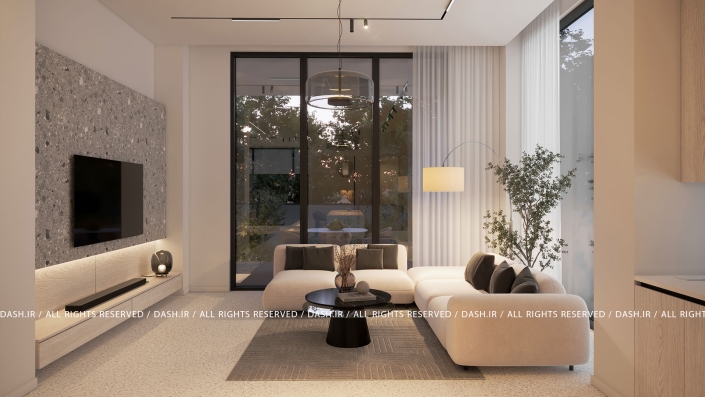 نشیمن و تی وی وال ویلا رویان نشیمن مدرن با مبلمان روشن، بکتیوی و پنجرههای قدی رو به تراس.