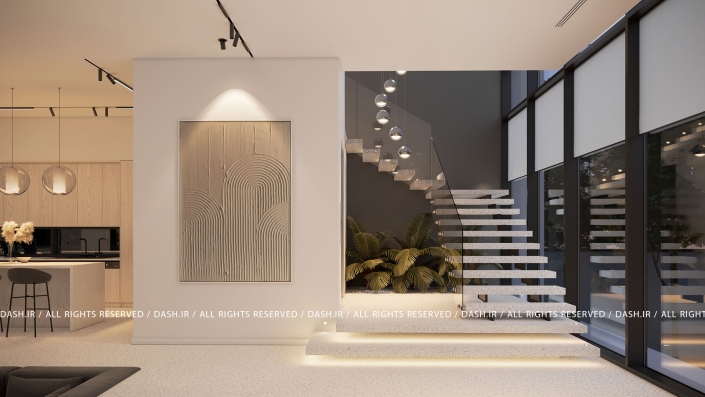 پلکان ویلا رویان پلههای معلق با نرده شیشهای و نورپردازی آویز کنار باغچه داخلی.