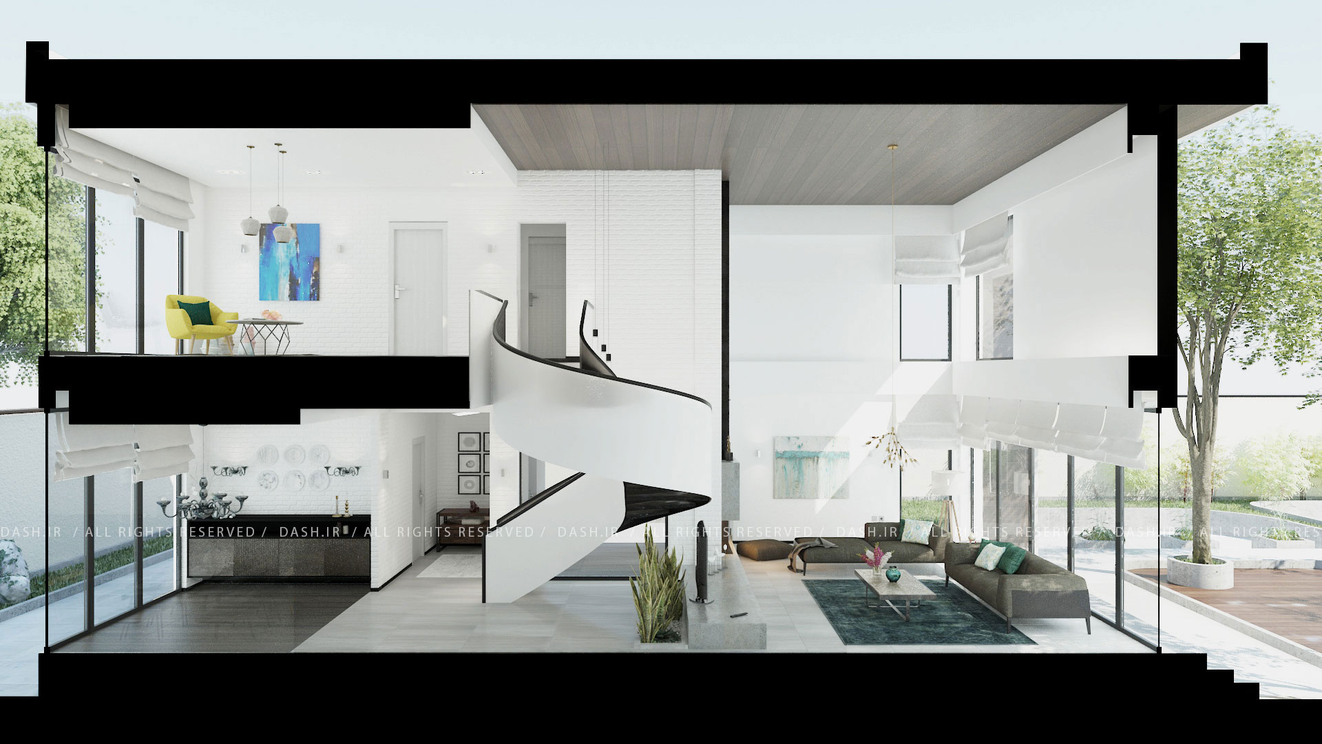 برش معماری دوبلکس با پله مارپیچ سفید و فضای نشیمن روشن با پنجرههای بزرگ