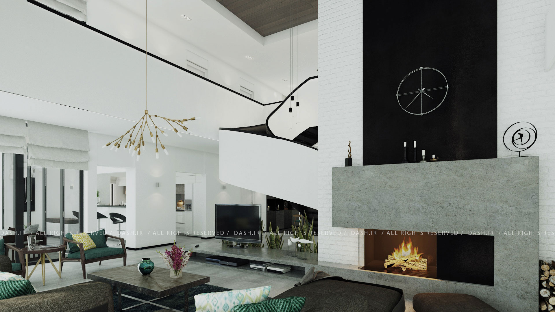 نمای نشیمن دوبلکس با پلهگرد سفید، دیوار شومینه سنگی، مبلمان تیره و نور طبیعی از پنجرههای بزرگ
